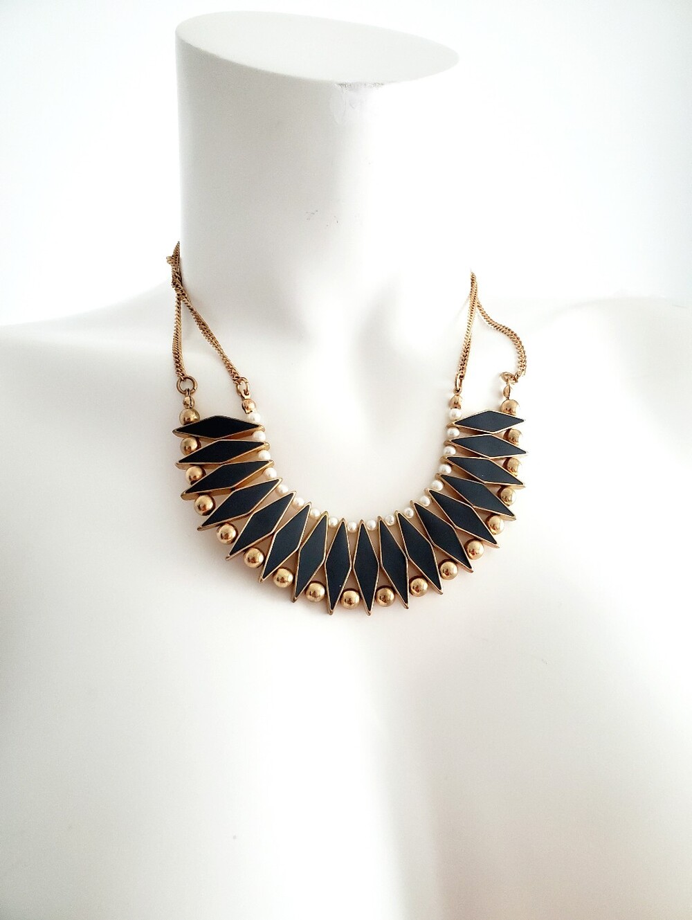 Gold-Tone Necklace with Dark Gray Enamel Chevron Accents